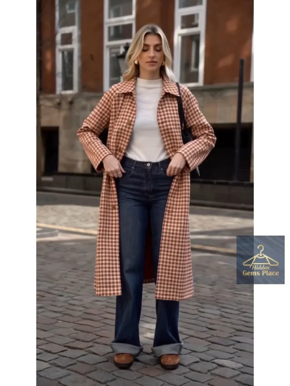 Women's Plaid Trench Coat Single Breasted Long Jacket Fall